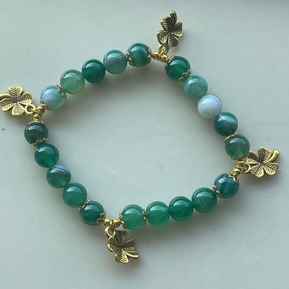 Green dyed agate 4 leaf clover ONE stretch bracelet NEW beaded reiki meditation - Picture 9 of 13